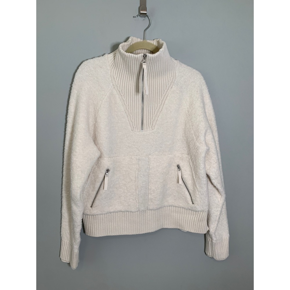 FLX Quarter Zip Pullover Sweater Womens Large Cream Boucle Mock‎ Neck Pocket